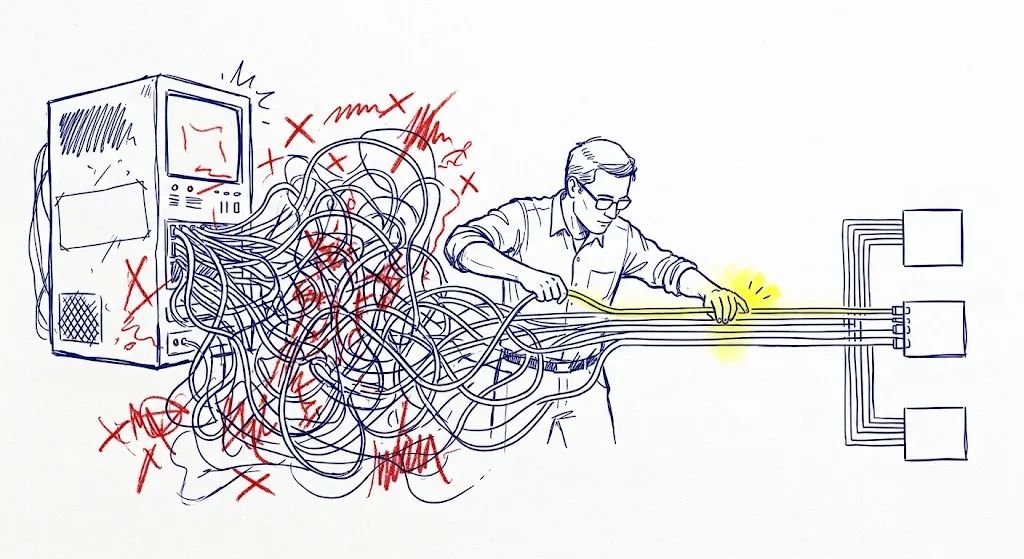 An Expert pulls a tangle of cables from a misbehaving computer into neat, labelled lines.